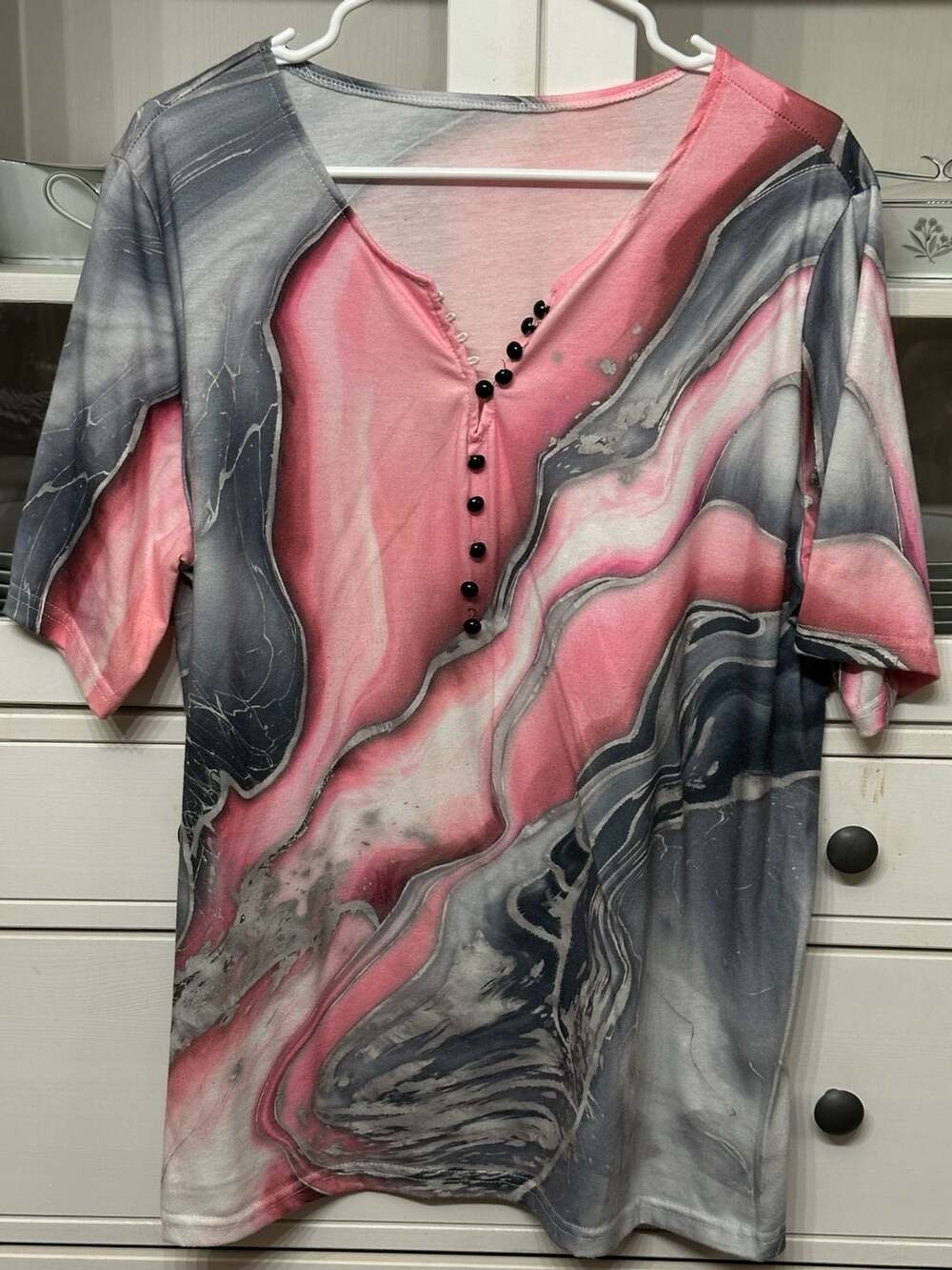 Women's Marble Print Short Sleeve V-Neck Button Accent Blouse Top